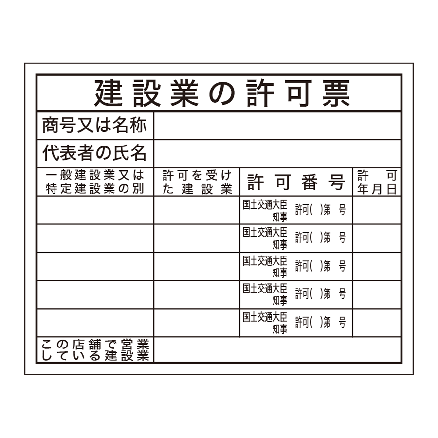 登録票 F-2 建設業の許可票