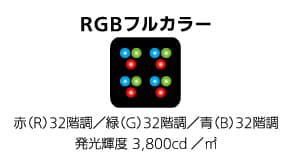 RGBフルカラー：赤（R）32階調/緑（G）32階調/青（B）32階調 発光輝度3,800cd/m2